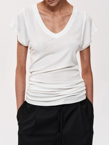 Women V Neck T-Shirt Tencel Wool Blend Slim Fit Short Sleeve Minimalist Elegant Solid Color Summer Top