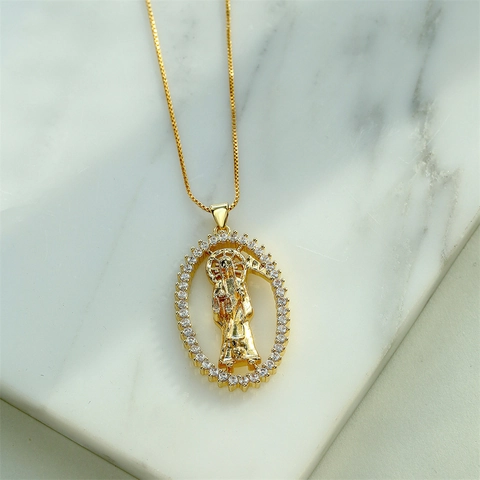 Collana Con Pendente Santa Muerte Rame Placcato Oro Zirconia Cubica Incastonata Ovale Religioso Gotico Punk Gioielli Donna