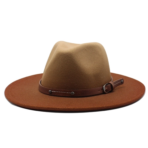 Vintage Fedora Hut Wollfilz Breite Krempe Farbverlauf Zweifarbig Mit Lederband Metallschnalle Jazz Kappe Damen Herren Britischer Stil