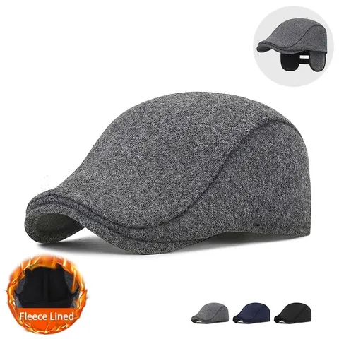 Men Winter Ivy Cap Woolen Flat Cap With Foldable Earmuffs Fleece Lined Warm Windproof Outdoor Retro British Style