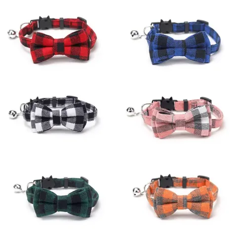 Plaid Pet Collar Bowknot Adjustable Cotton Fabric With Metal Bell For Cats Small Dogs British Style Cute