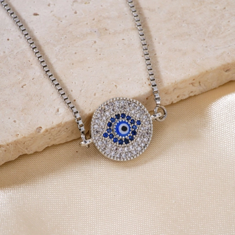 Vintage Stainless Steel Evil Eye Adjustable Bracelet For Women Silver Plated Pave Rhinestone Circular Charm Jewelry