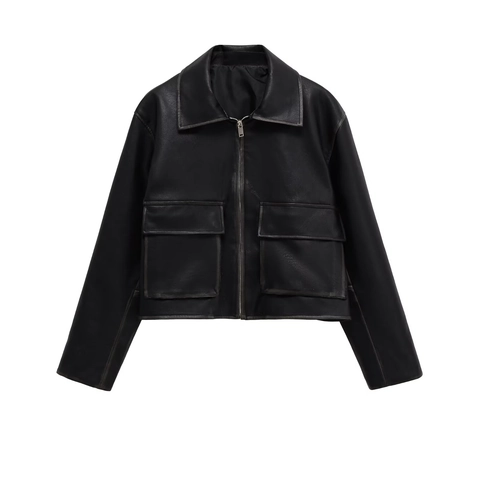 Chaqueta de Cuero Sintético para Mujer Color Sólido Solapa Corta Chaqueta Biker de PU Con Bolsillos Manga Larga Abrigo Con Cremallera