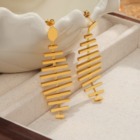 Visgraat Hangende Oorbellen 18K Verguld Titaniumstaal Koper Lange Geometrische Sieraden Voor Vrouwen