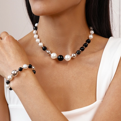Collana Di Perline Künstliche Perle Finte Vetro Rame Retrò Elegante Catena A Clavicola Gioielli Per Donna Nero Bianco Argento