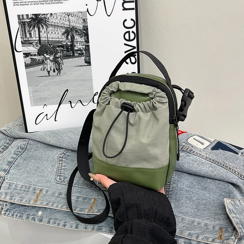 Mini Kordelzug Umhängetasche Nylon Canvas Und PU Leder Patchwork Leichte Kleine Eimertasche Für Frauen Täglich Lässig