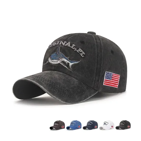 Cappello Da Baseball Retro Cotone Lavato Distressed Ricamo Squalo Patch Bandiera Americana Regolabile Visiera Curva Sole