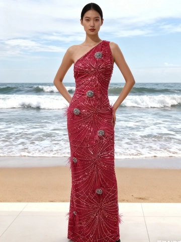 Ein Schulter Pailletten Abendkleid Mit Perlenblumen Und Federn Hoher Schlitz Rückenfrei Elegantes Party Maxikleid Für Damen