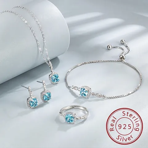 925 Sterling Silver Jewelry Necklace Earrings Ring Bracelet With Square Blue Zircon Halo For Women Fashion Luxury