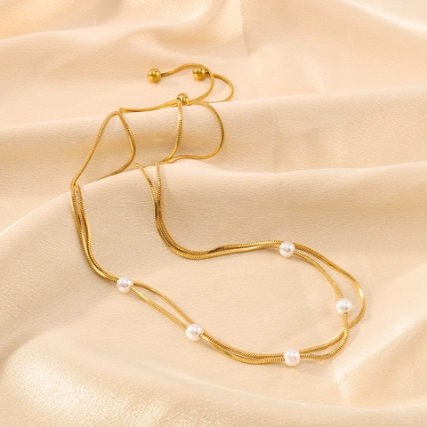 Collana in Acciaio Inossidabile a Doppio Strato Ciondolo Perla Artificiale Catena a Serpente Regolabile Placcata Oro Donna