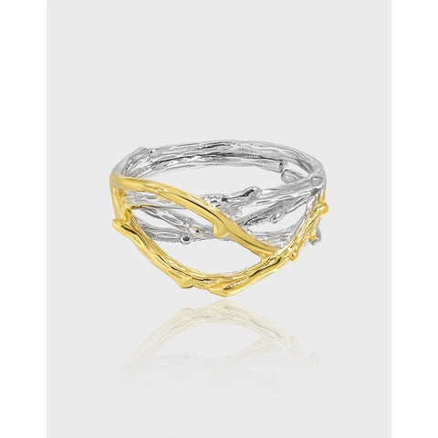 S925 Sterling Silver Twig Ring Irregular Intertwined Thorny Branch Design Gold Silver Bicolor Adjustable Open Ring For Women