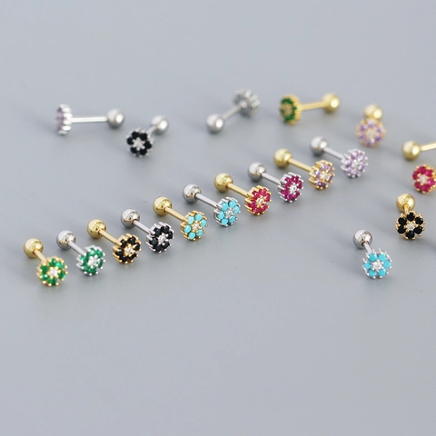 Flower Stud Earrings With 925 Sterling Silver Earring Post Colorful Zircon Screw Ball Back Helix Piercing Korean Style