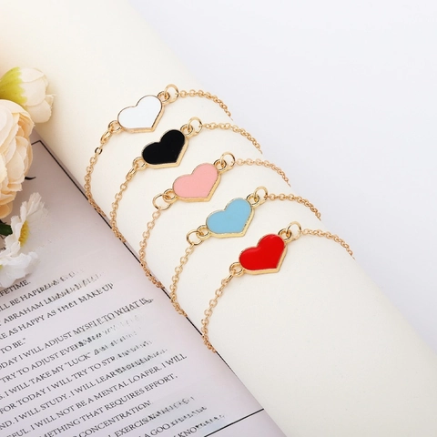 Pulsera Con Colgante De Corazón Aleación Esmalte Ajustable Cadena Fina Dulce Simple Moda Joyas Para Mujeres Niñas