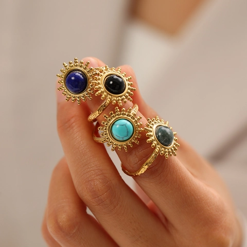 Sonnenblume Ring Naturstein 304 Edelstahl Verstellbar Offenes Band Retro Bohemien Schmuck Für Frauen Wasserdicht