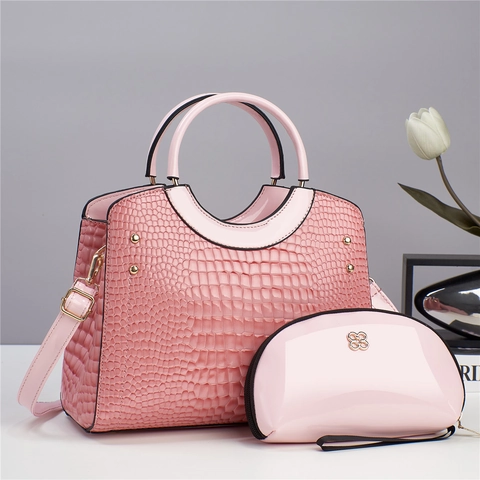 Fashion Women Crocodile Pattern Handbag And Pouch Commute PU Leather Tote Shoulder Bag Messenger Bag With Metal Logo