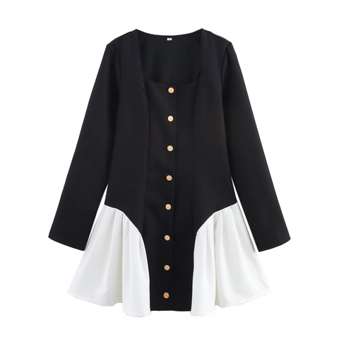 Elegantes Mini-Kleid In Kontrastfarben Eckiger Ausschnitt Langarm Tweed-Stil Mit Goldknöpfen Patchwork Für Damen