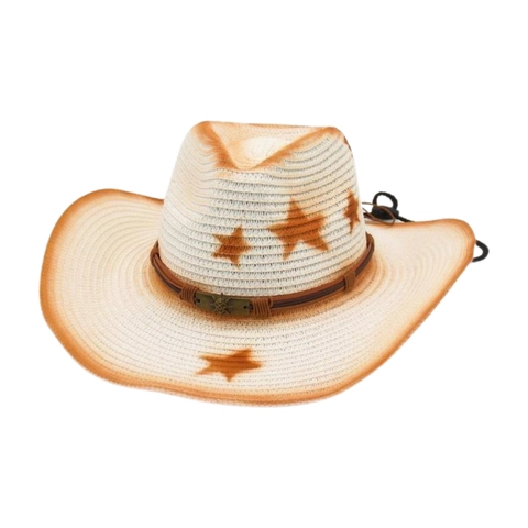 Sombrero De Vaquero Paja Tejida Protección Solar Estilo Western Playa Estampado Estrellas Calavera Metal Cuerda Ajustable