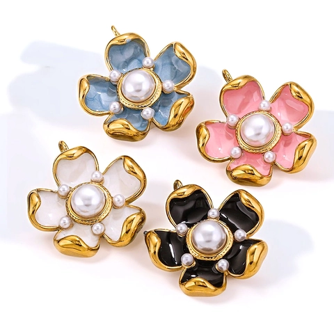 Flower Petal Pendant Necklace Stainless Steel Enamel Faux Artificial Pearl Retro Elegant Jewelry Making DIY Accessory For Women
