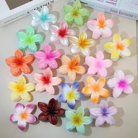 Plumeria Flower Hair Claw Clips Gradient Color Pearlescent PS Plastic Summer Beach Elegant Shark Clips For Women