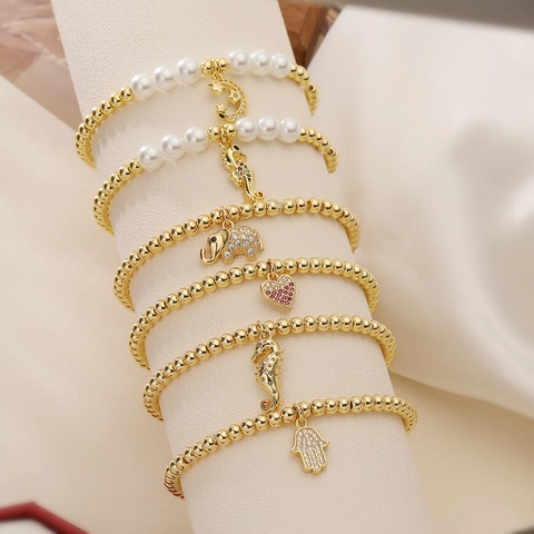 Mode 18K Vergoldetes Kupfer Perlenarmband Für Damen Herz Elefant Seepferdchen Hamsa Hand Strass Künstliche Perle Schmuck