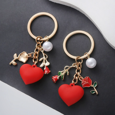 Rode Hart Roos Kunstparel Hanger Sleutelhanger Zinklegering Goudkleur Metaal Tas Charm Accessoires Voor Vrouwen Meisjes Zoet