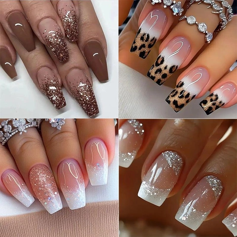 Unghie Finte Press On Forma Bara Ombre Stampa Leopardata Glitter ABS Unghie Artificiali Per Donne Chic