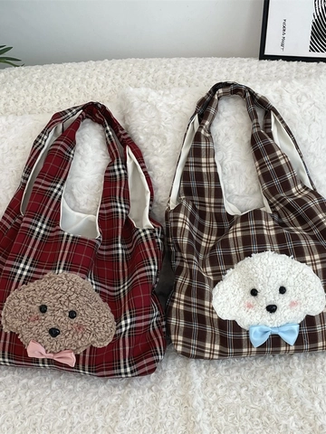Cute Plush Dog Plaid Tote Bag Large Capacity Fabric Handbag Shoulder Bag For Women School Daily Korean Style