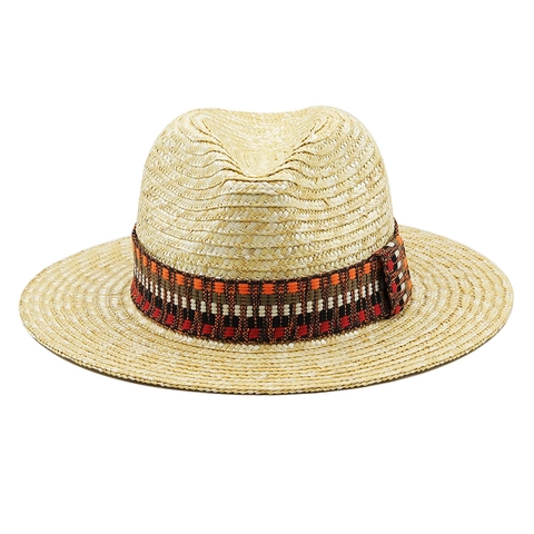 Women Wide Brim Straw Fedora Hat Sun Protection Summer Beach Vacation Ethnic Ribbon Western Cowboy Style