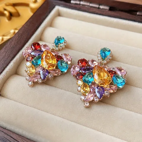 Luxury Vintage Multi-Color Zirconia Heart Stud Earrings With 925 Sterling Silver Post Alloy Heart Cluster Earrings For Women Jewelry