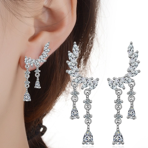 Pendientes de Moda Flor Ala Borla Larga para Mujer Elegante Cobre Circonia Incrustada Pendientes Colgantes Oro Rosa Plata Joyería