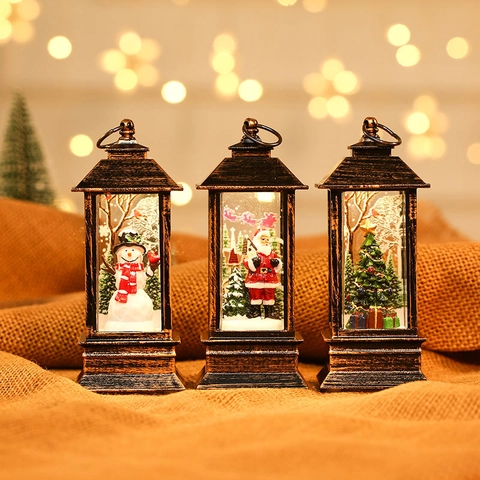 Lanterne LED de Noël Vintage Avec Père Noël Bonhomme de Neige Sapin de Noël Micro Paysage Lampe à Huile Bronze Rétro Pour Décoration Maison