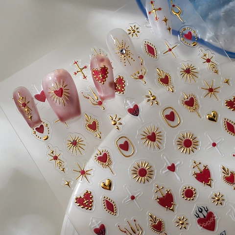 Pegatinas Uñas 5D Bronceado Corazón Rojo Cruz Oro Estrella Gótico Retro DIY Decoración De Manicura Para Mujeres