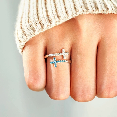 Anello Aperto a Croce in Argento Sterling S925 per Donna Regolabile Minimalista con Zirconia Blu Bianca Gioielli Moda