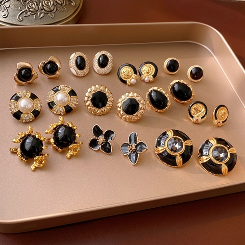 Vintage Earrings Gold Alloy Black Enamel Faux Artificial Pearl Flower Geometric With 925 Sterling Silver Earring Post