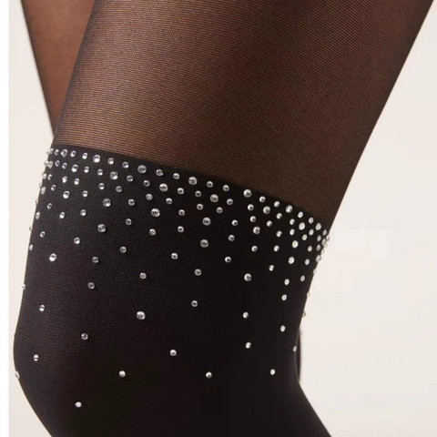 Rhinestone Studded Mock Thigh High Tights Women Sheer Patchwork Velvet Pantyhose Sexy Plus Size Hosiery