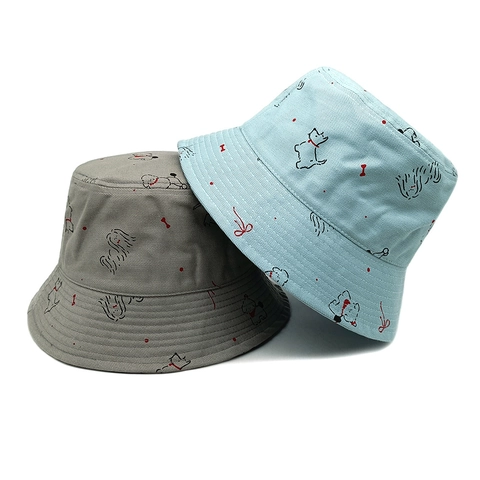 Schattige Hond Print Katoenen Visserhoed Dames Zomer Zonbescherming Opvouwbaar Casual Strand Reizen Vintage Stijl