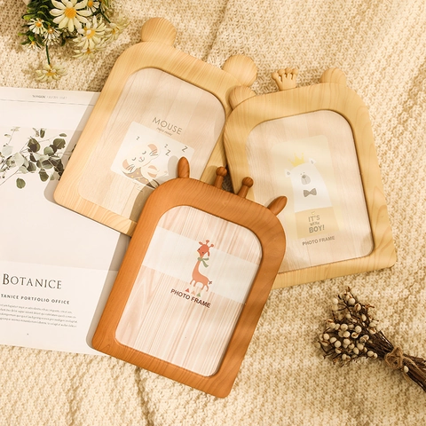 Cadre Photo Animal Dessin Animé Plastique Grain De Bois Table Murale Style Nordique Ours Girafe Souris Décoration Maison