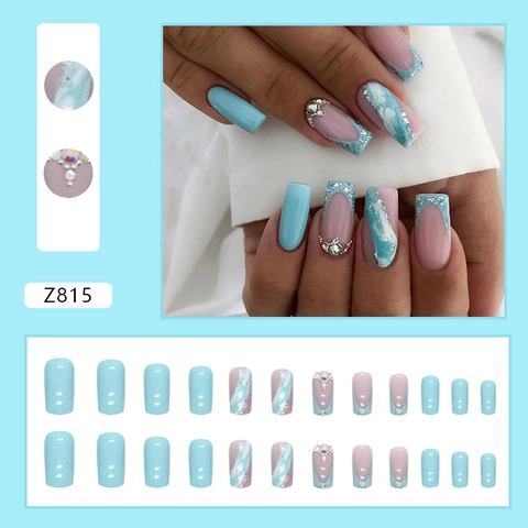 Faux Ongles À Presser Cercueil Longueur Moyenne Design Marbre Bleu Paillettes Strass Pour Femmes