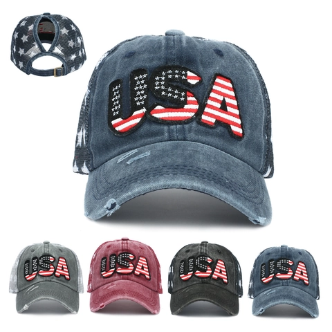 USA Flag Embroidery Washed Cotton Ponytail Baseball Cap Distressed Mesh Back Adjustable Trucker Hat For Women Men