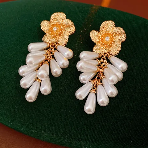 Flower Tassel Artificial Pearl Earrings With Zircon Alloy Floral Studs And Silver Earring Post French Vintage For Women