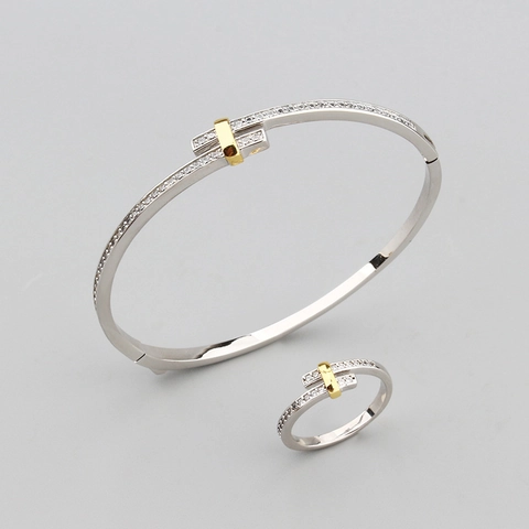 Damen Minimalistische Kupfer Schmuck Kollektion T-Form Eingelegter Strass Armreif Offener Ring Gold Silber Plattiert Elegant Mode Accessoire