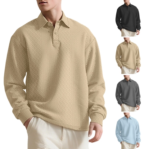 Men Long Sleeve Polo Shirt Knitted Jacquard Geometric Texture Lapel Button Casual Solid Color Polyester
