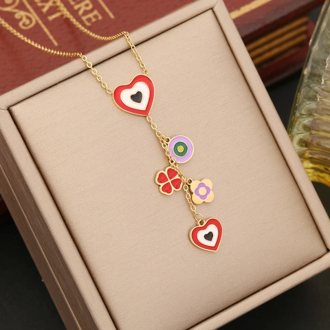 Colorful Enamel Heart Clover Star Evil Eye Stainless Steel Necklace For Women Elegant Fashion Jewelry