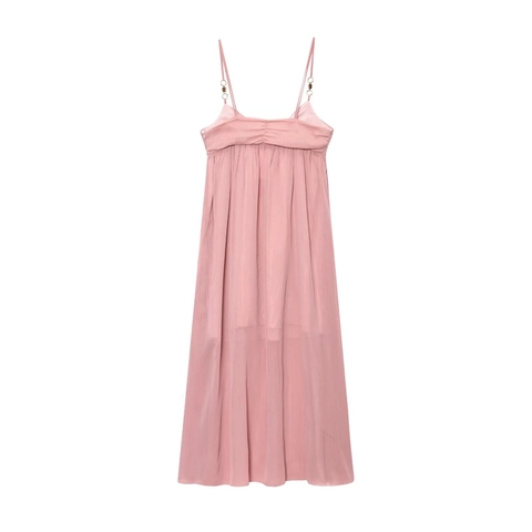 Women Elegant Pink Pleated Slip Midi Dress Thin Straps Metal Ring Twist Knot Solid Color Summer Vacation Sleeveless Dress