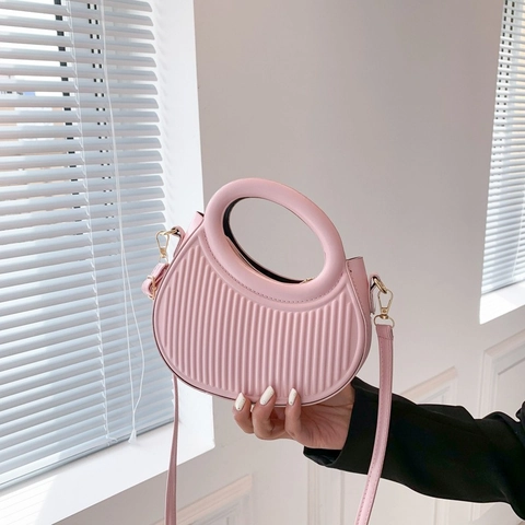 Women Half Moon Shoulder Bag PU Leather Vertical Pleated Crossbody Bag With Hollow Round Handle And Adjustable Strap