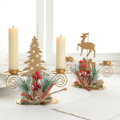 Christmas Golden Iron Candle Holder Reindeer Star Tree Shapes Candelabra With Pinecone Berry Holiday Table Desktop Decor