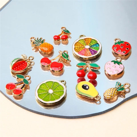 Breloques Fruits Pendentifs Alliage Zinc Émail Fraise Cerise Ananas Pastèque Avocat Accessoires Bijoux DIY