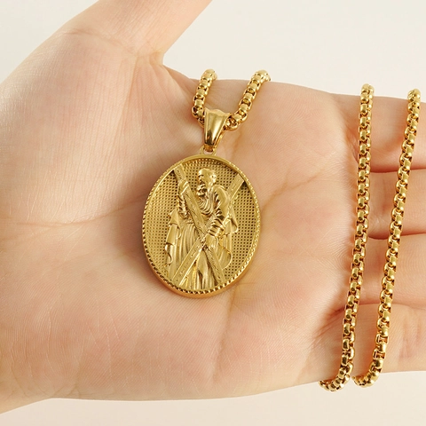 Collar Con Colgante De Retrato De Santo Religioso Acero Inoxidable Chapado En Oro De 18K Relieve Ovalado Joyería Gótica Retro