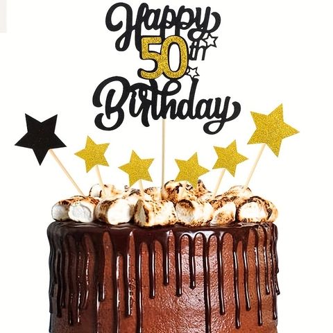 Glitter Happy Birthday Cake Topper Decoration Black Gold Paper Star Picks Anniversary Party Baking Dessert Table Decor