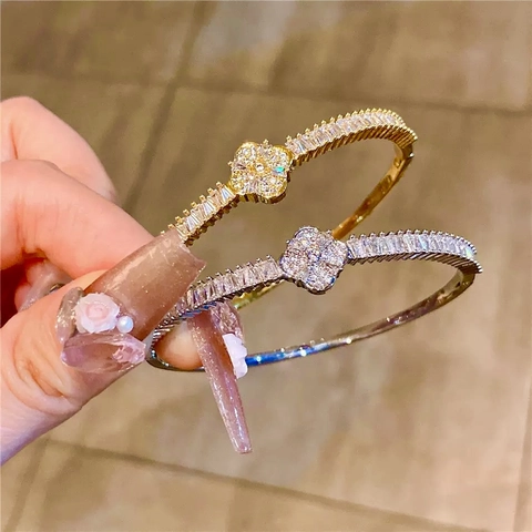 Brazalete De Trébol De Cuatro Hojas Cobre Zirconia Cúbica Incrustada Pulsera De Puño Abierto Joyería Elegante Para Mujer
